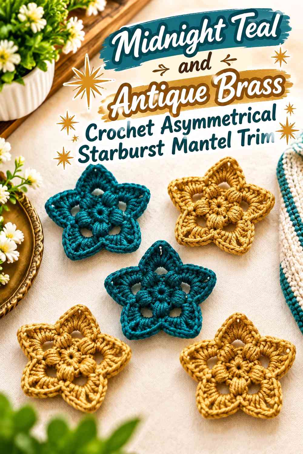 Midnight Teal and Antique Brass Crochet Asymmetrical Starburst Mantel Trim