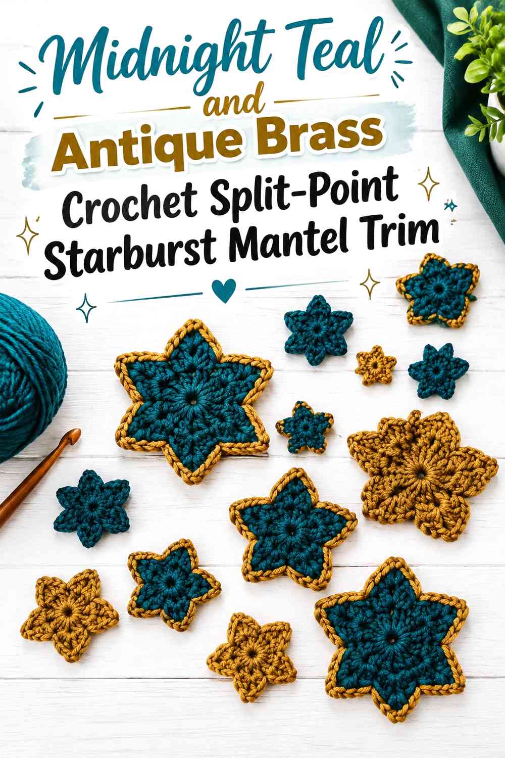 Midnight Teal and Antique Brass Crochet Split-Point Starburst Mantel Trim