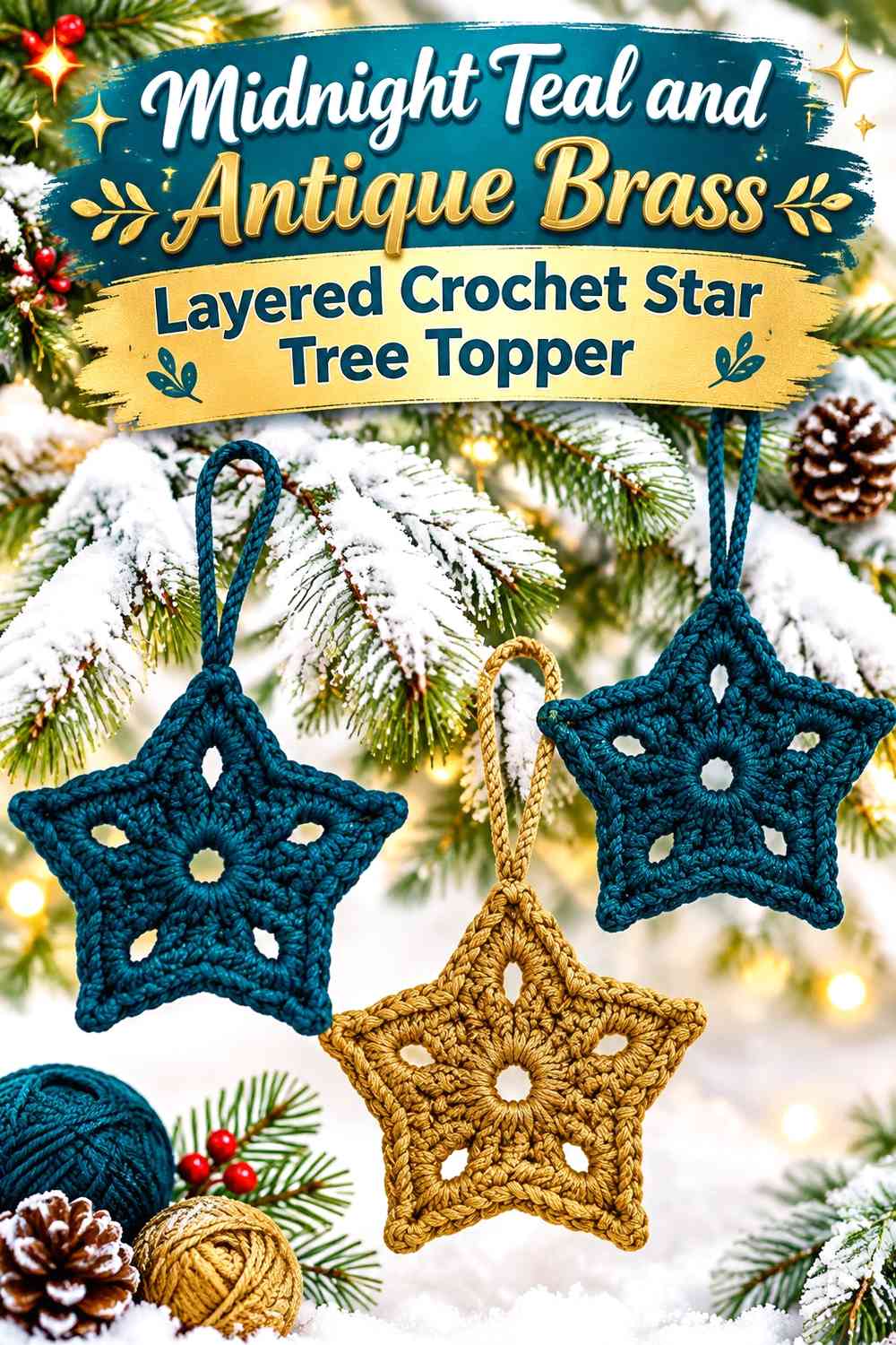 Midnight Teal and Antique Brass Layered Crochet Star Tree Topper