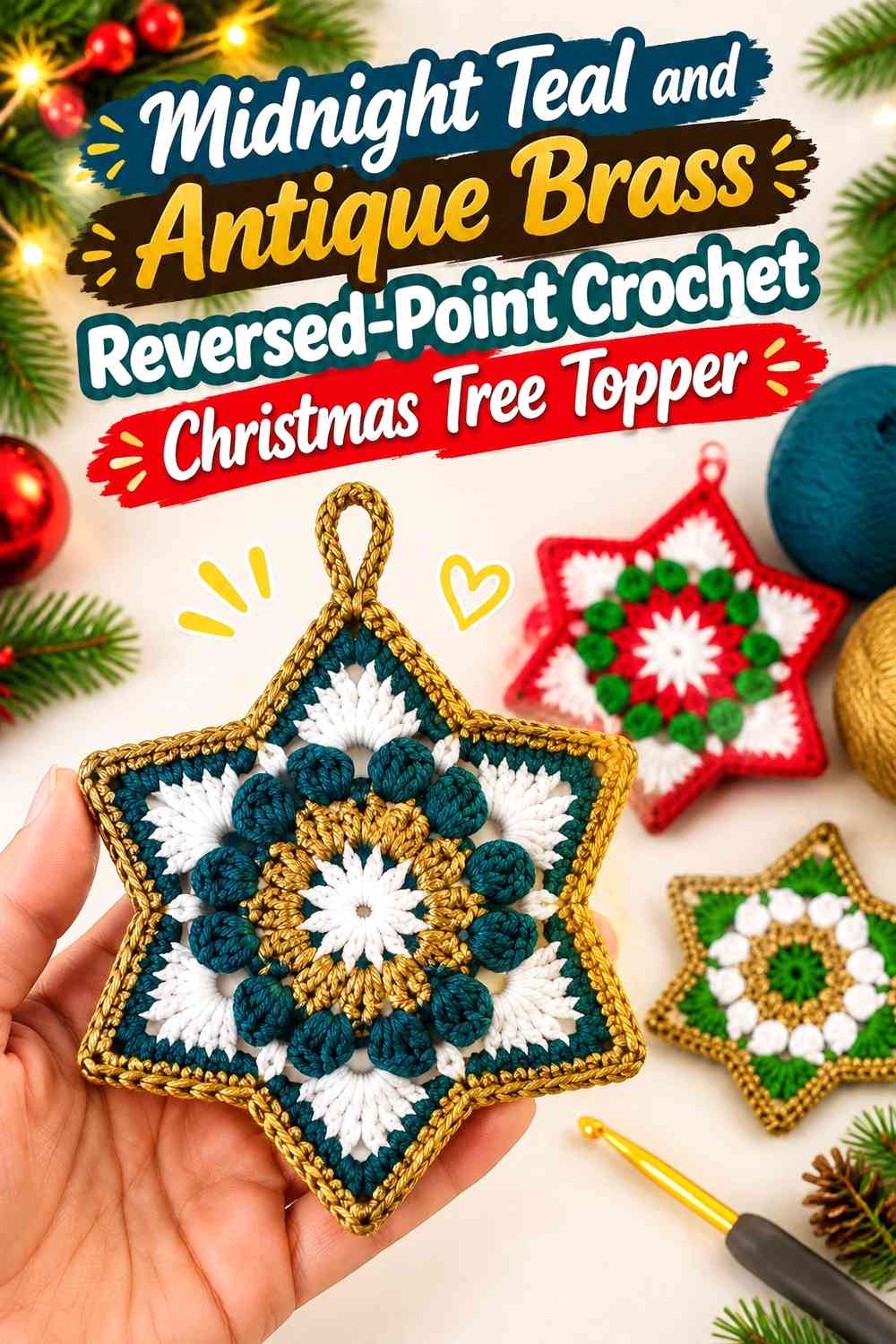 Midnight Teal and Antique Brass Reversed-Point Crochet Christmas Tree Topper