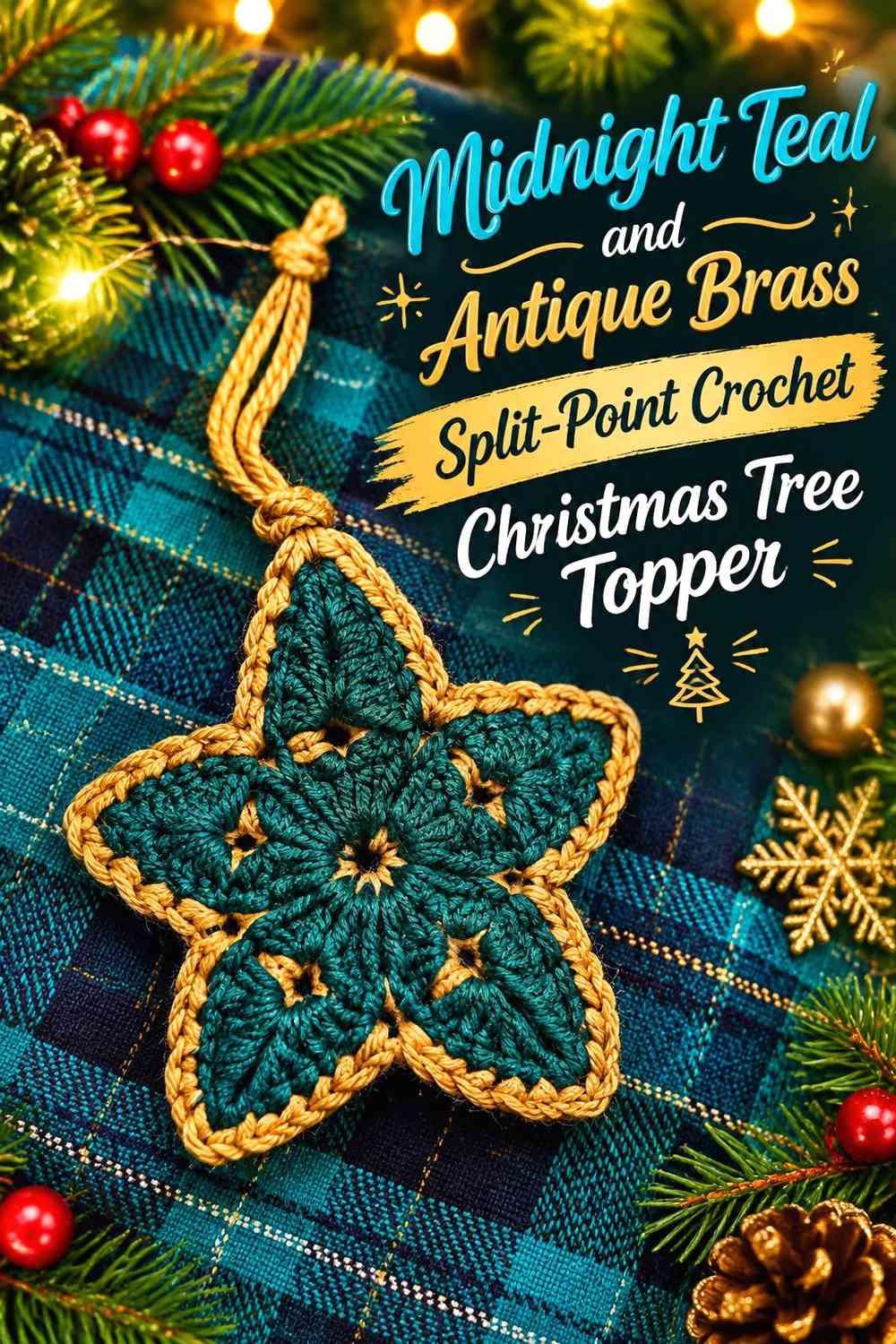Midnight Teal and Antique Brass Split-Point Crochet Christmas Tree Topper