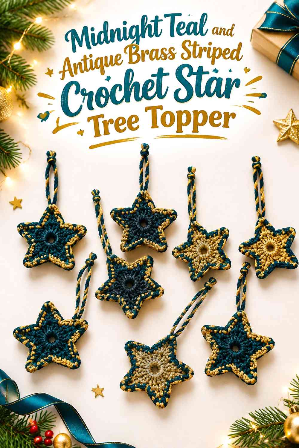 Midnight Teal and Antique Brass Striped Crochet Star Tree Topper