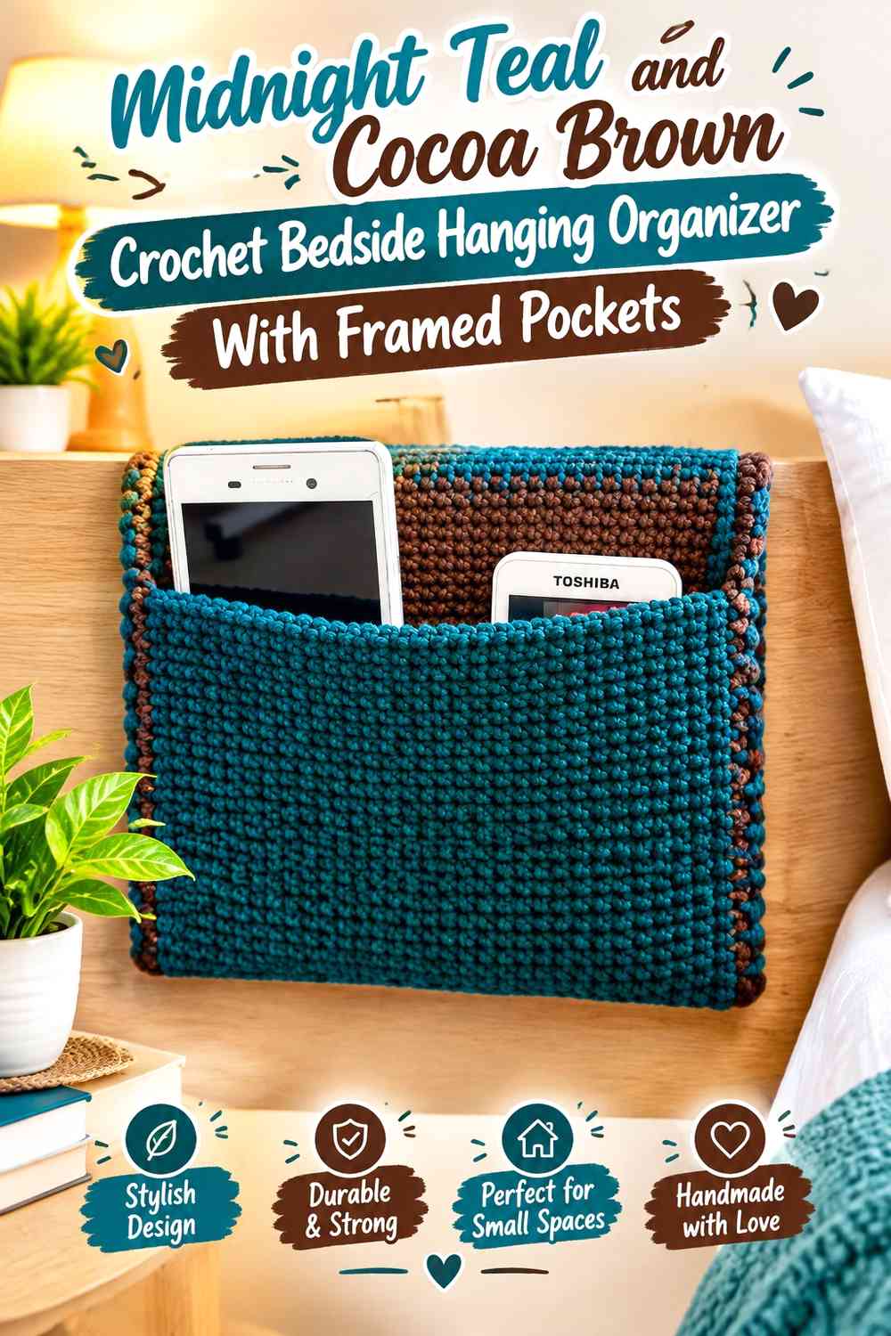 Midnight Teal and Cocoa Brown Crochet Bedside Hanging Organizer With Framed Pockets