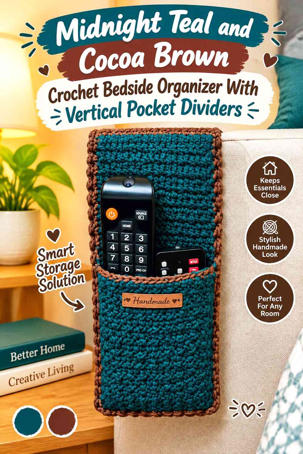 Midnight Teal and Cocoa Brown Crochet Bedside Organizer With Vertical Pocket Dividers