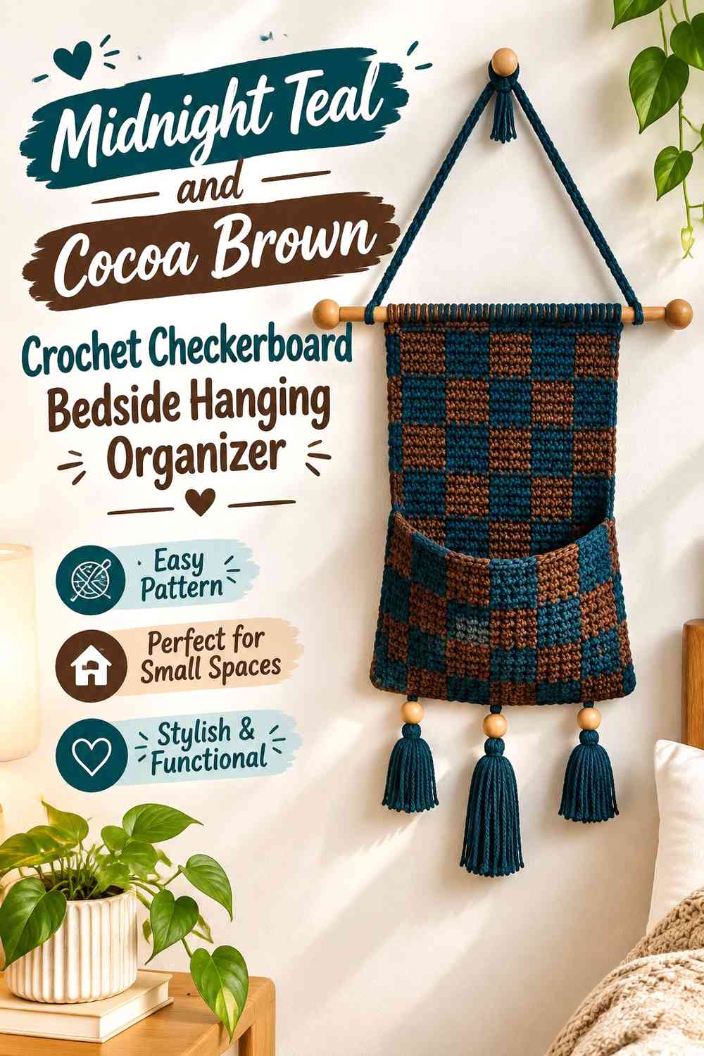 Midnight Teal and Cocoa Brown Crochet Checkerboard Bedside Hanging Organizer
