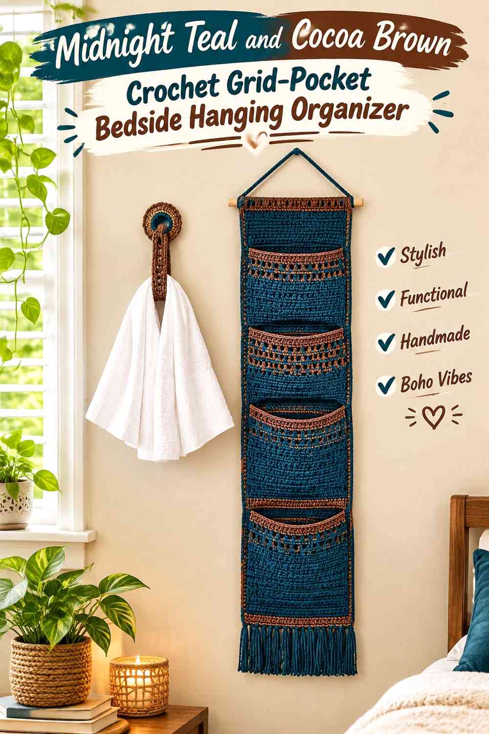 Midnight Teal and Cocoa Brown Crochet Grid-Pocket Bedside Hanging Organizer