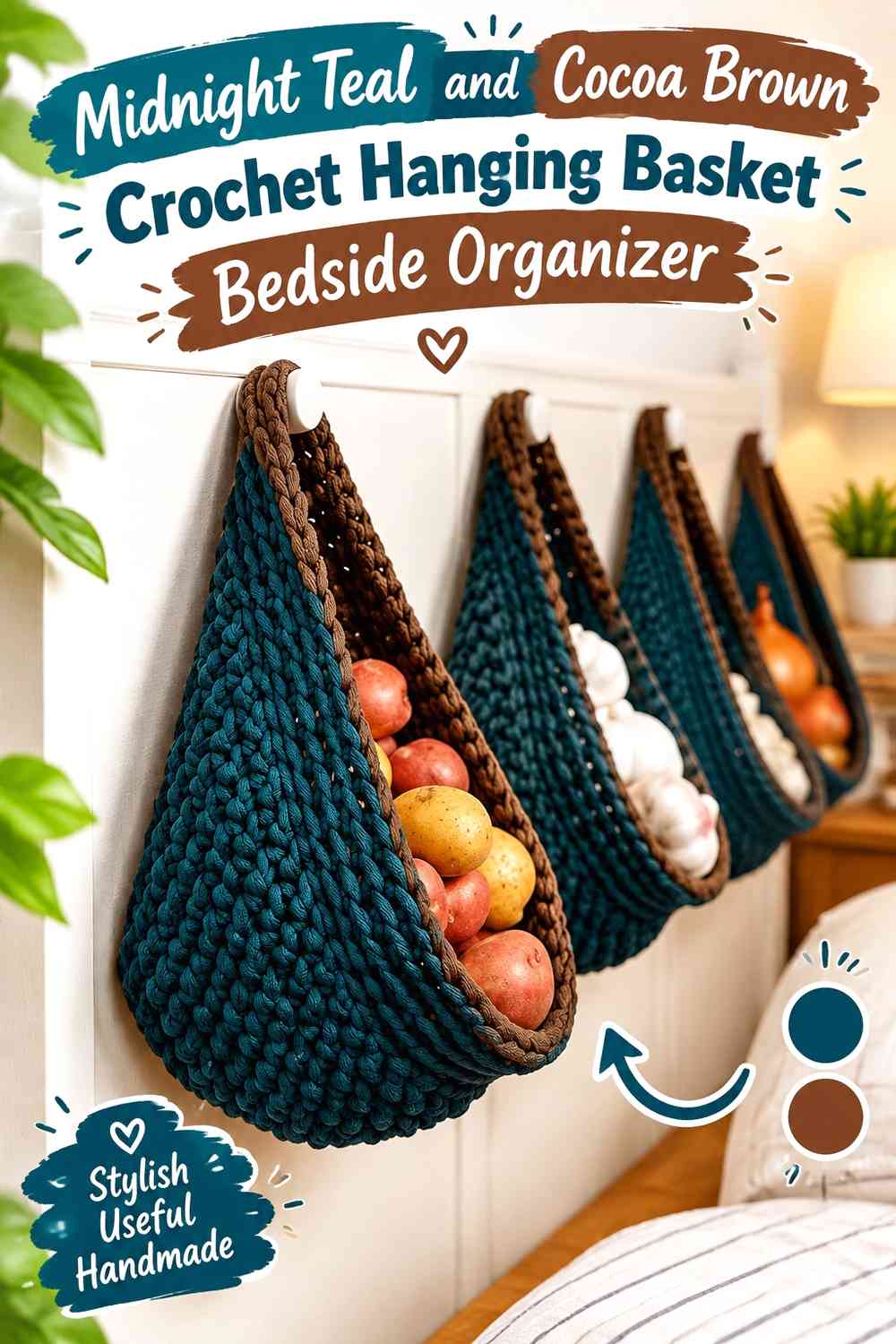 Midnight Teal and Cocoa Brown Crochet Hanging Basket Bedside Organizer