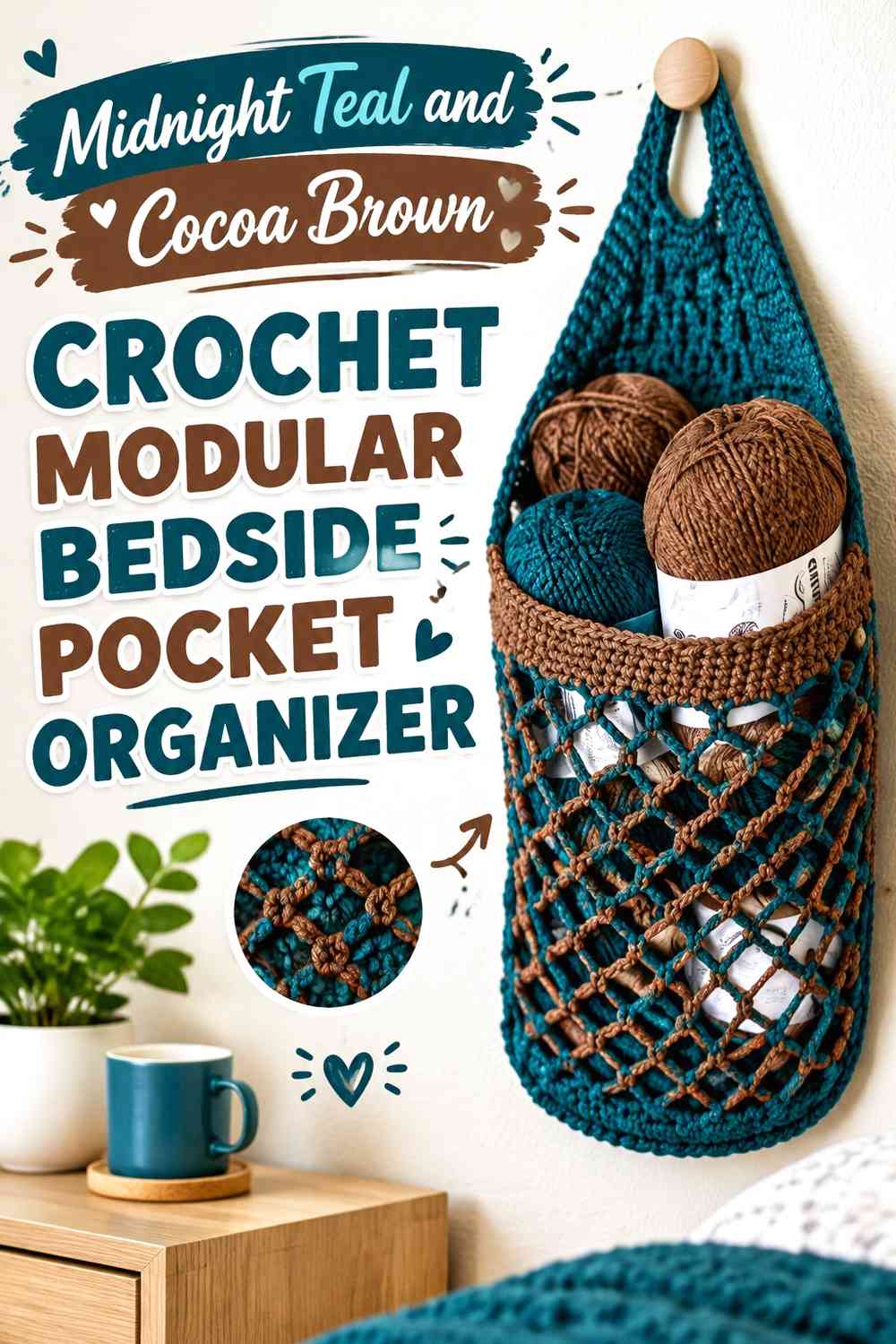 Midnight Teal and Cocoa Brown Crochet Modular Bedside Pocket Organizer