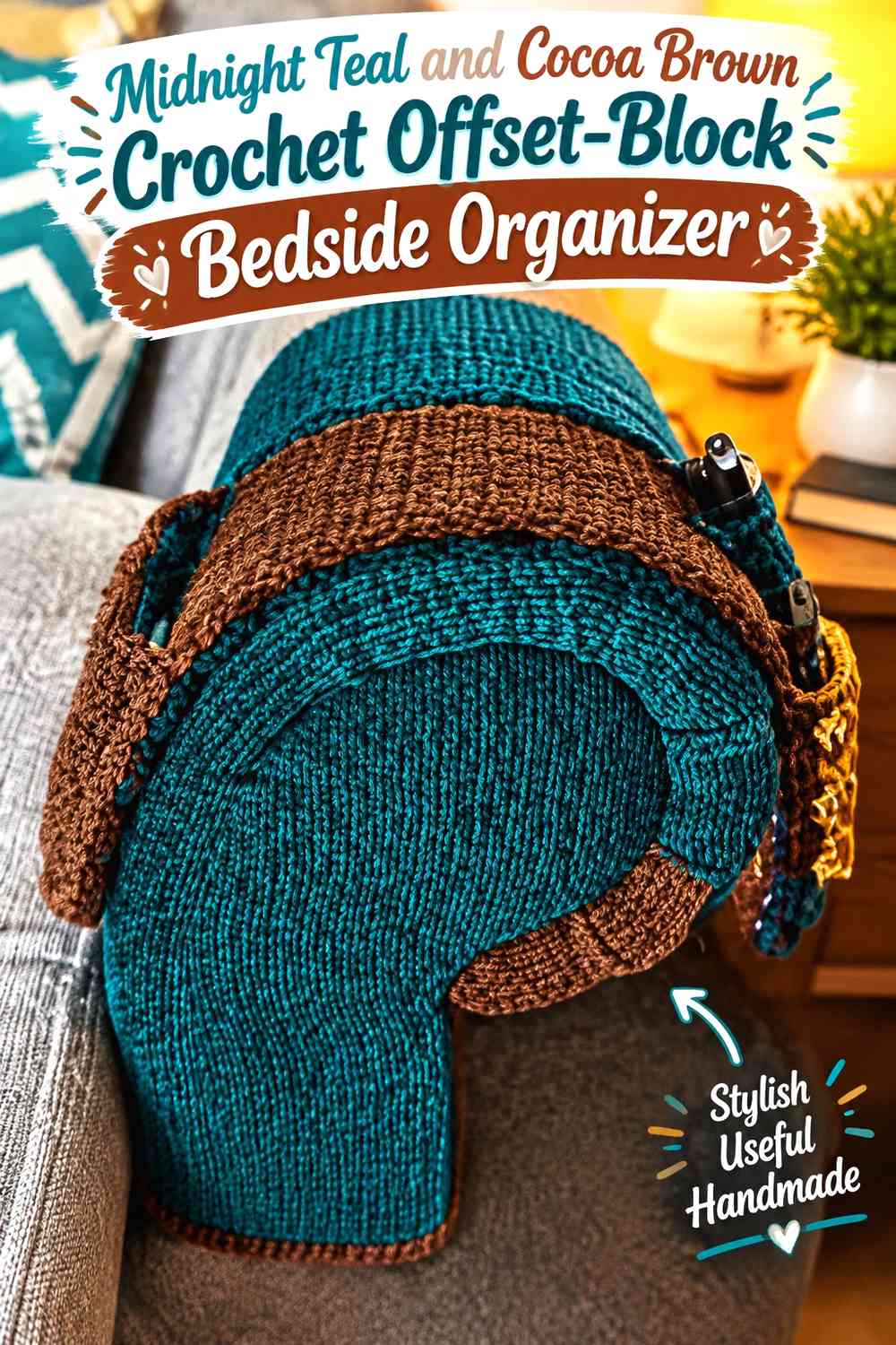 Midnight Teal and Cocoa Brown Crochet Offset-Block Bedside Organizer