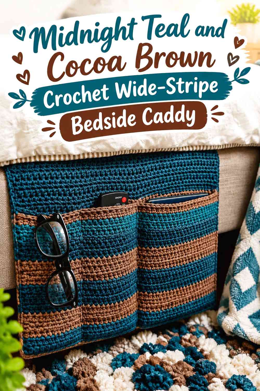 Midnight Teal and Cocoa Brown Crochet Wide-Stripe Bedside Caddy