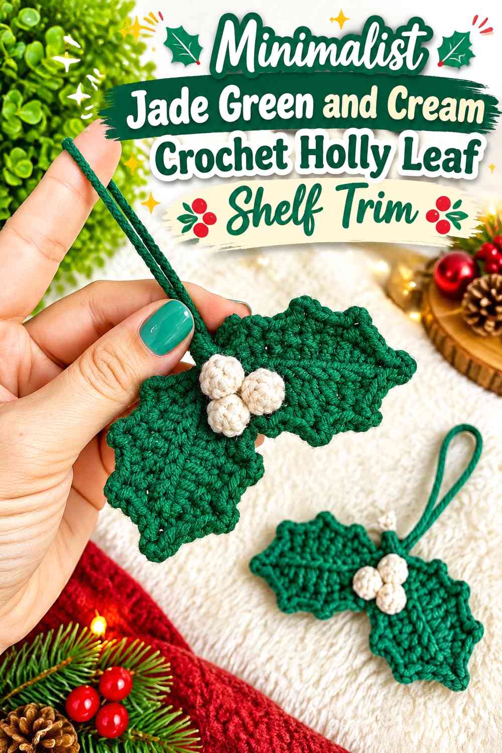 Minimalist Jade Green and Cream Crochet Holly Leaf Shelf Trim
