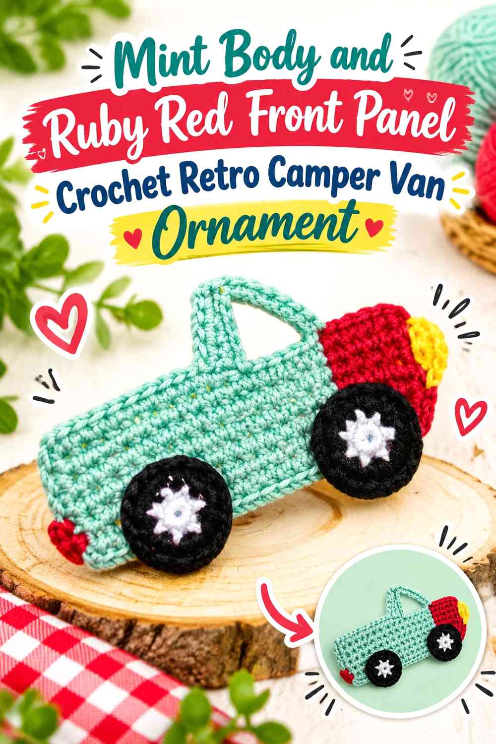 Mint Body and Ruby Red Front Panel Crochet Retro Camper Van Ornament