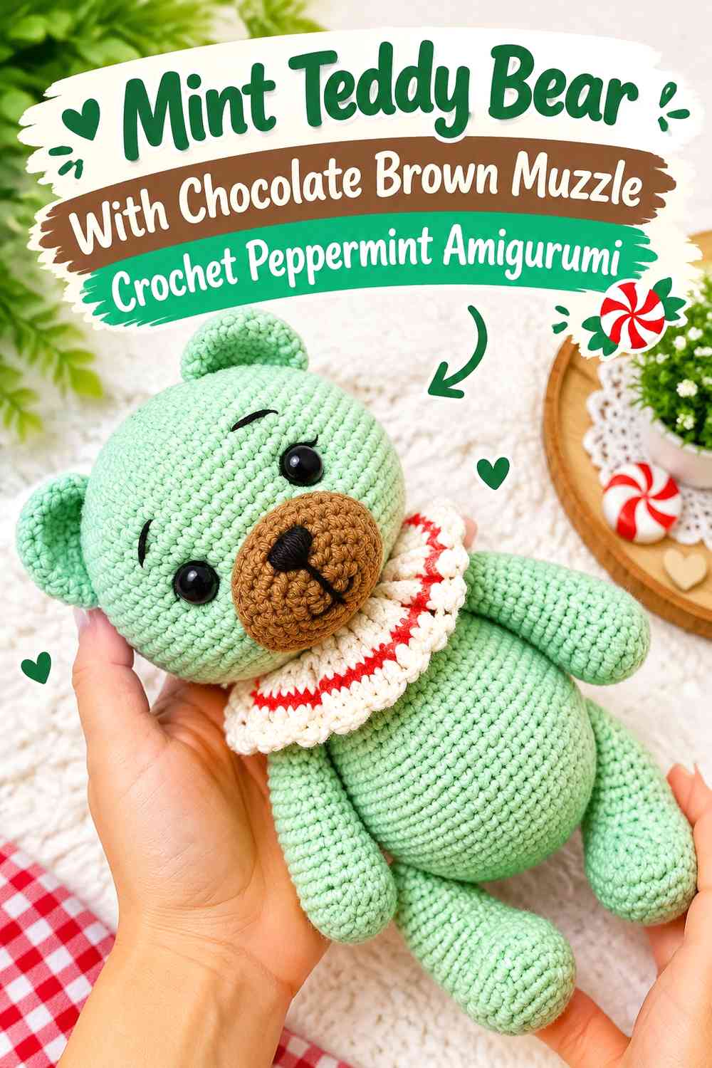 Mint Teddy Bear With Chocolate Brown Muzzle Crochet Peppermint Amigurumi