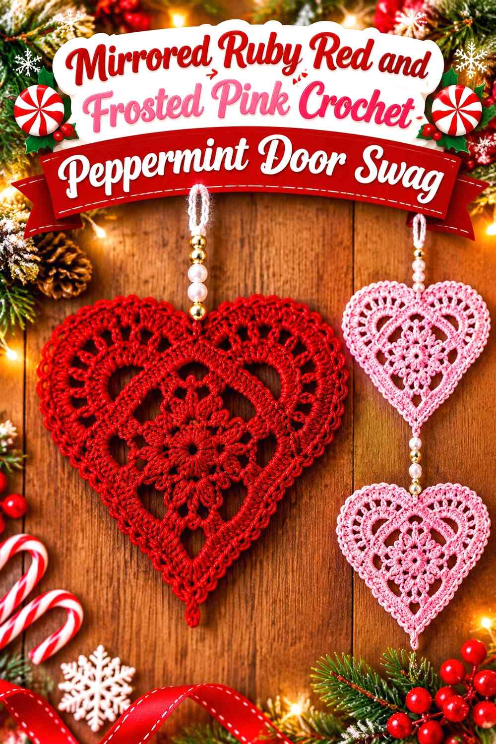 Mirrored Ruby Red and Frosted Pink Crochet Peppermint Door Swag