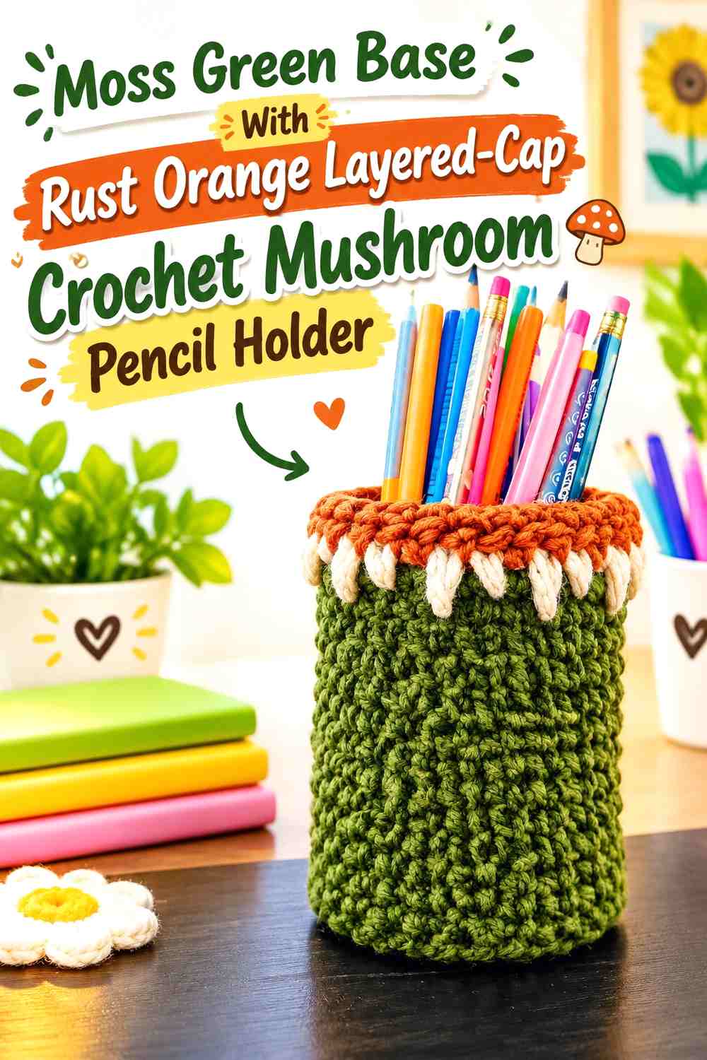 Moss Green Base With Rust Orange Layered-Cap Crochet Mushroom Pencil Holder