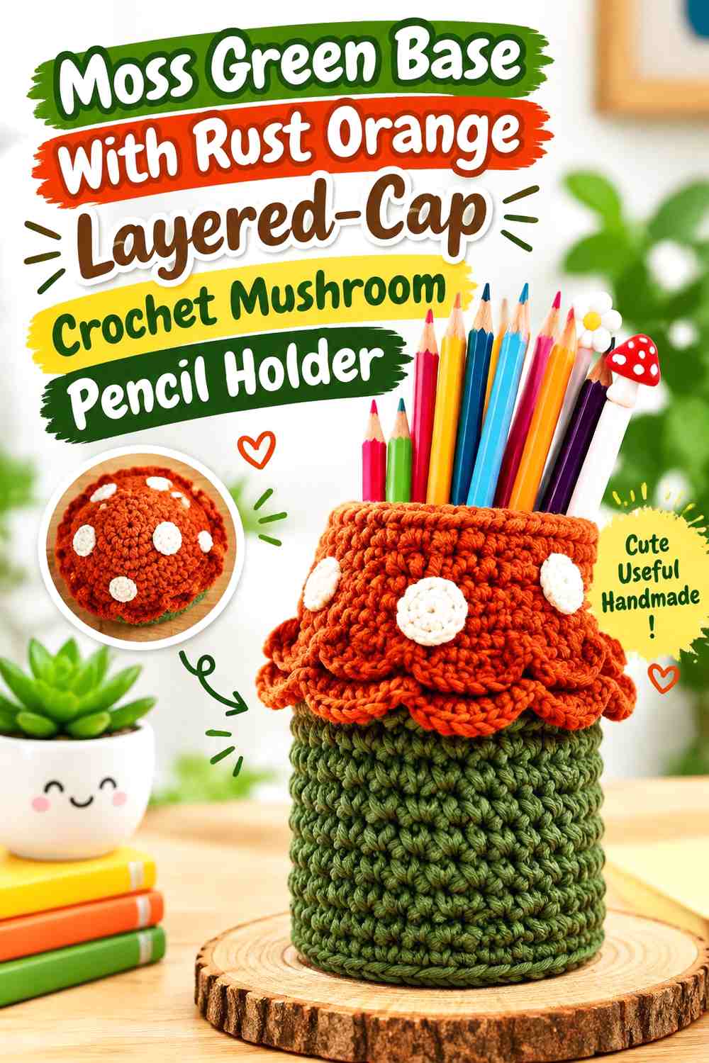 Moss Green Base With Rust Orange Layered-Cap Crochet Mushroom Pencil Holder