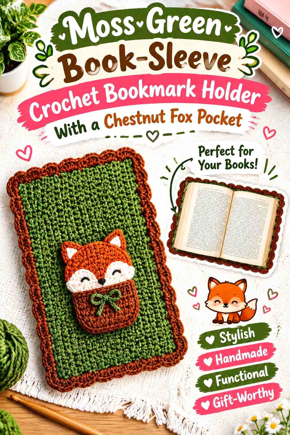 Moss Green Book-Sleeve Crochet Bookmark Holder With a Chestnut Fox Pocket