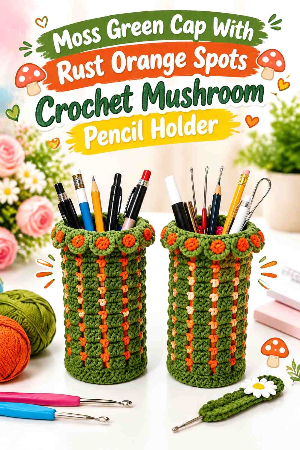 Moss Green Cap With Rust Orange Spots Crochet Mushroom Pencil Holder