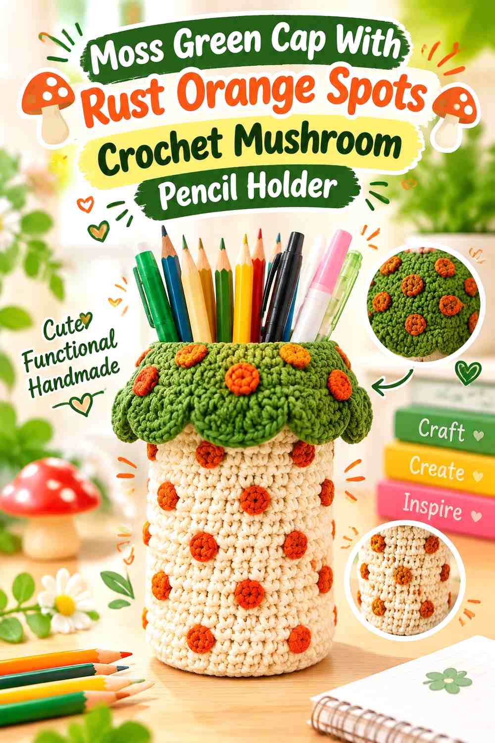 Moss Green Cap With Rust Orange Spots Crochet Mushroom Pencil Holder