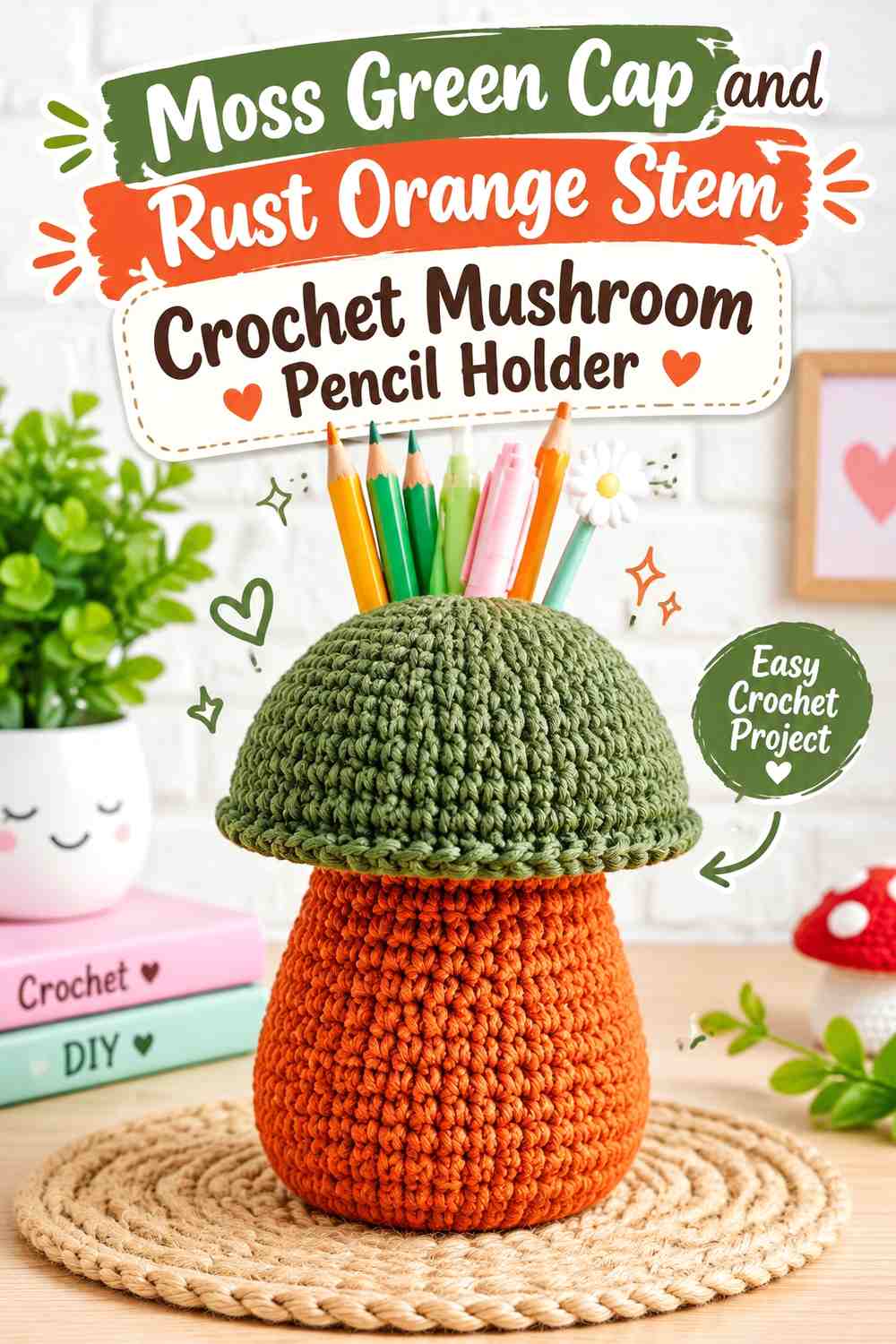 Moss Green Cap and Rust Orange Stem Crochet Mushroom Pencil Holder