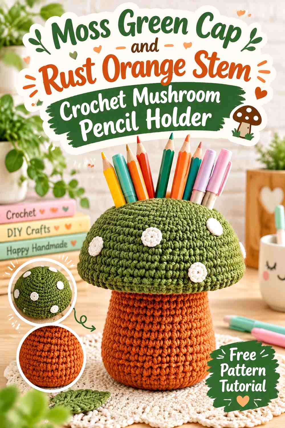 Moss Green Cap and Rust Orange Stem Crochet Mushroom Pencil Holder