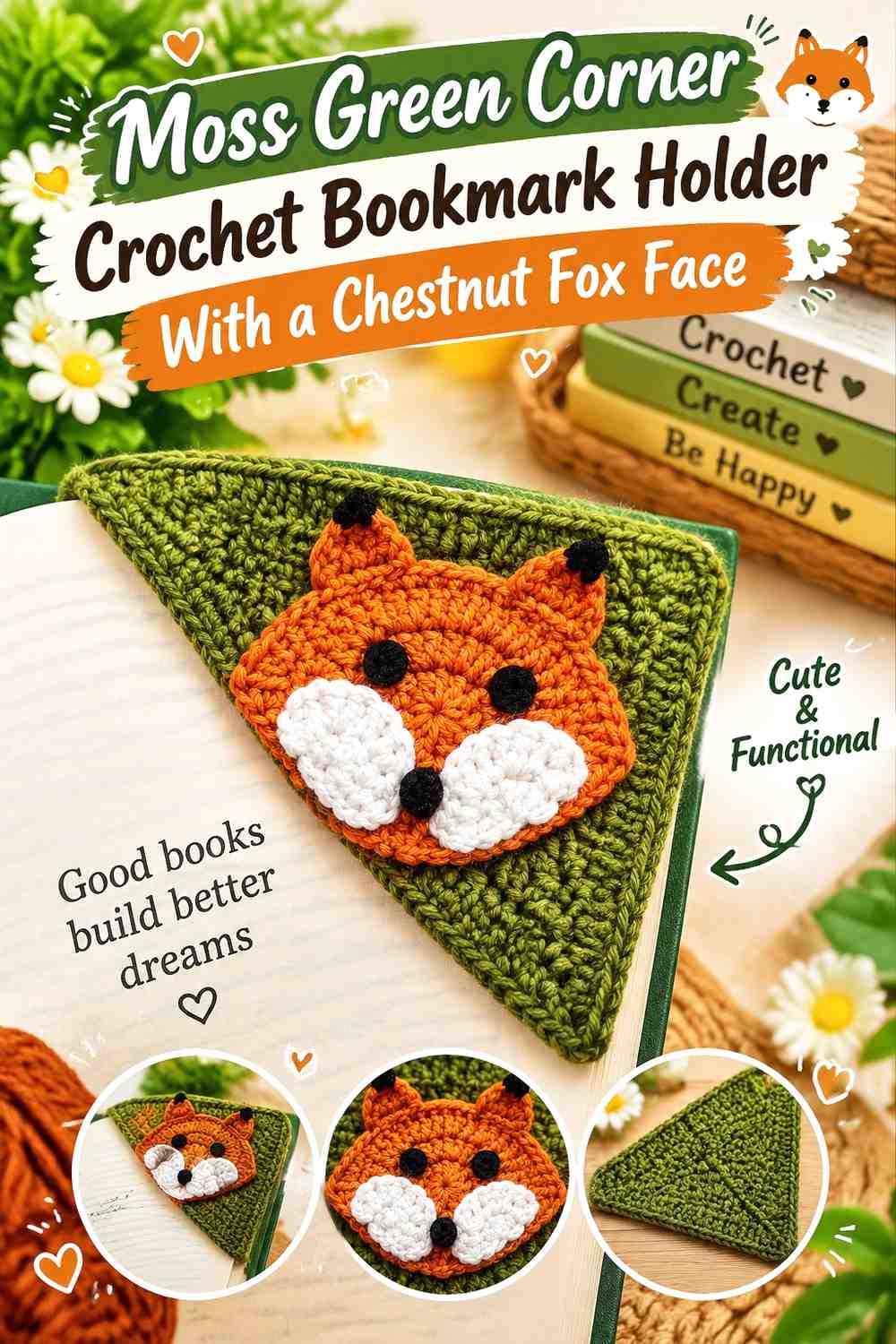 Moss Green Corner Crochet Bookmark Holder With a Chestnut Fox Face