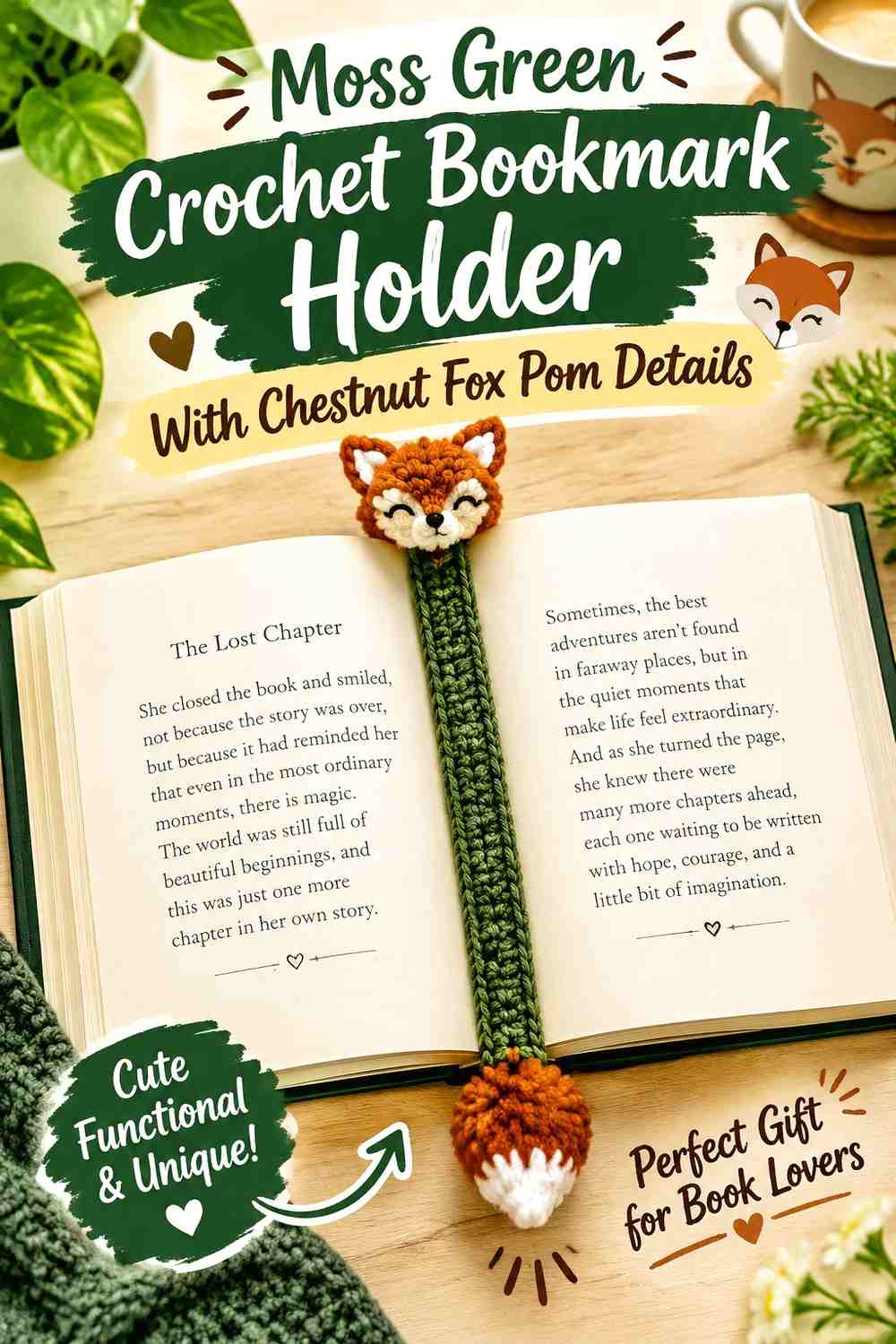 Moss Green Crochet Bookmark Holder With Chestnut Fox Pom Details