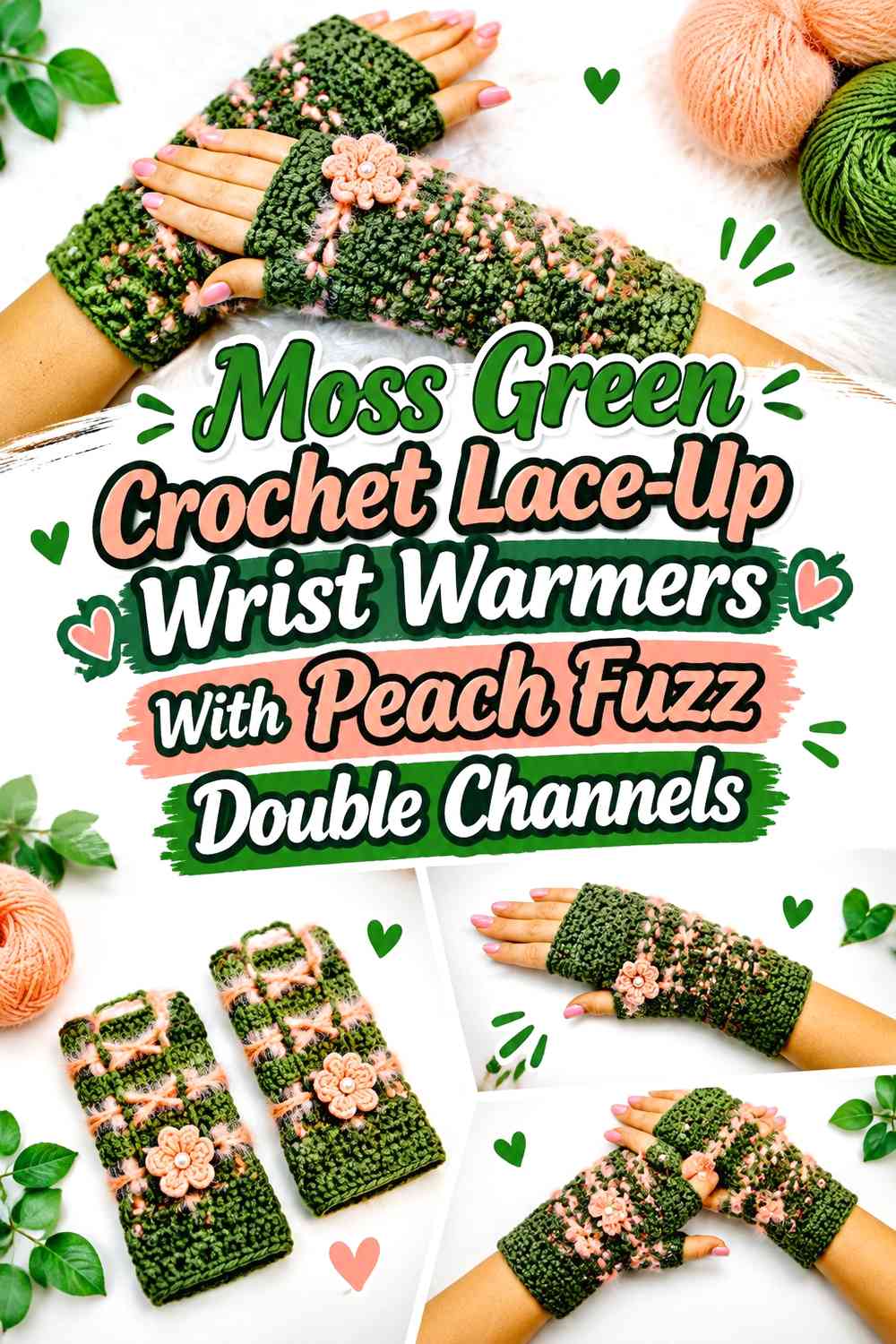 Moss Green Crochet Lace-Up Wrist Warmers With Peach Fuzz Double Channels