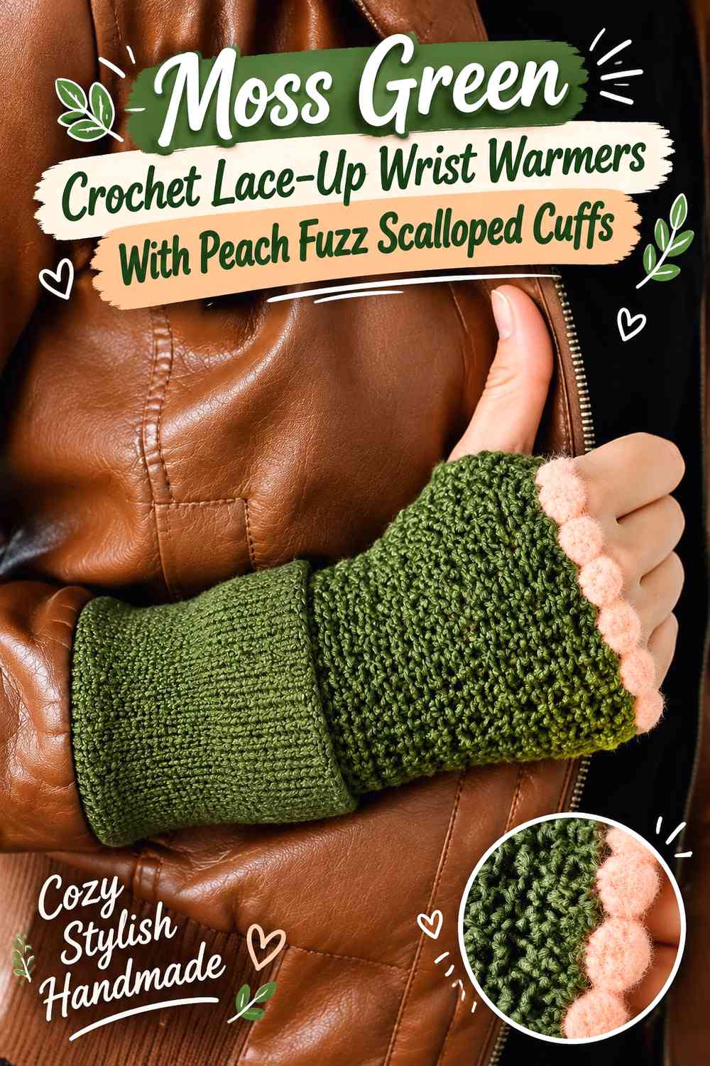Moss Green Crochet Lace-Up Wrist Warmers With Peach Fuzz Scalloped Cuffs