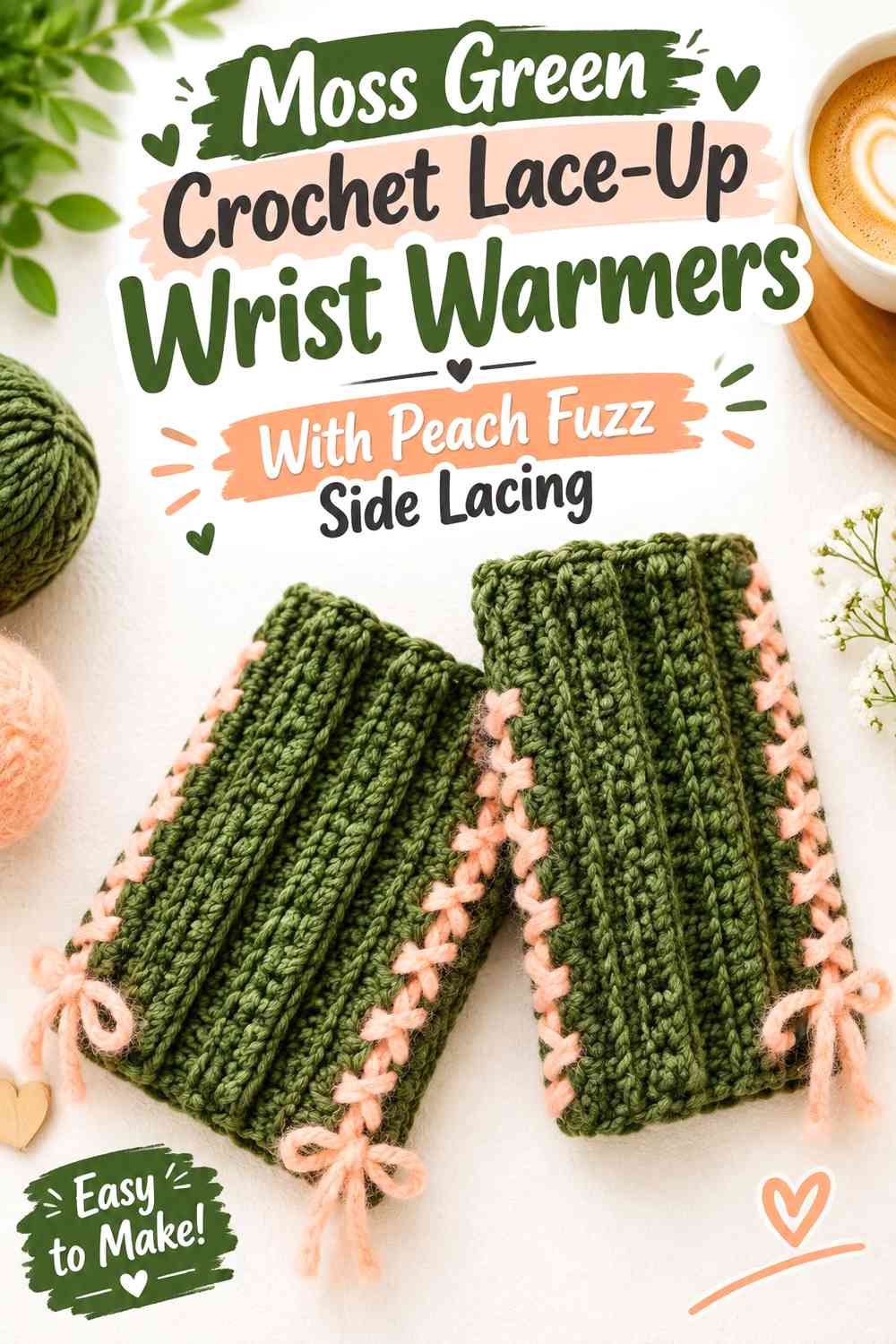 Moss Green Crochet Lace-Up Wrist Warmers With Peach Fuzz Side Lacing
