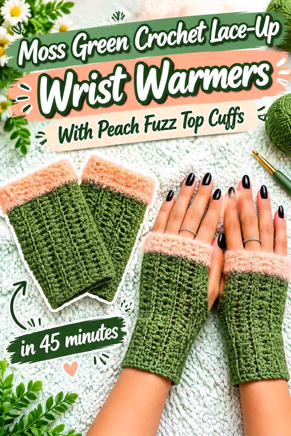 Moss Green Crochet Lace-Up Wrist Warmers With Peach Fuzz Top Cuffs