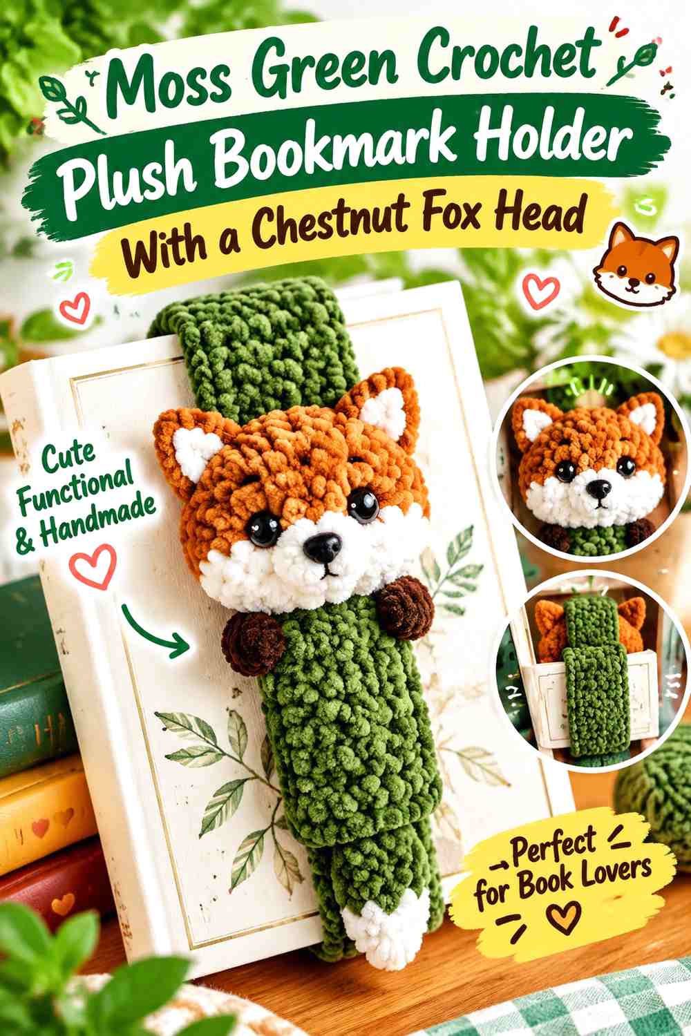 Moss Green Crochet Plush Bookmark Holder With a Chestnut Fox Head