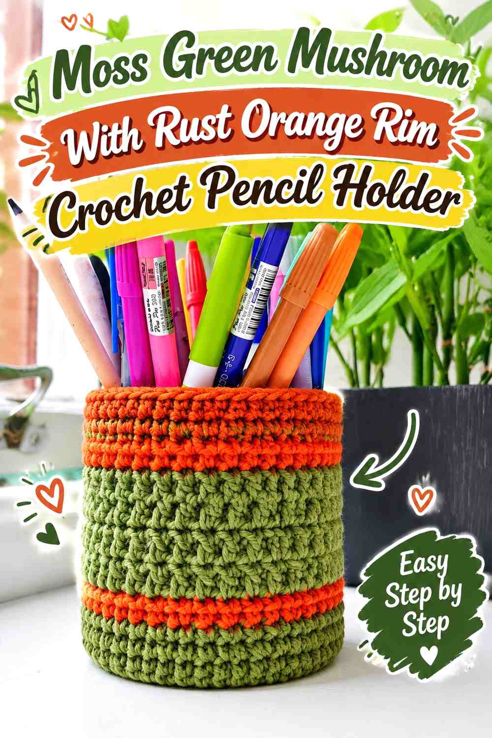 Moss Green Mushroom With Rust Orange Rim Crochet Pencil Holder