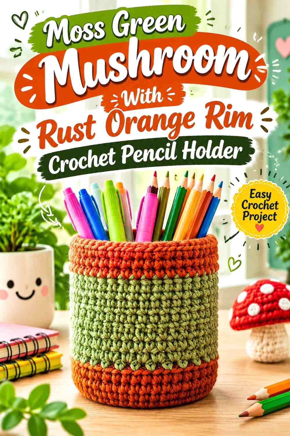 Moss Green Mushroom With Rust Orange Rim Crochet Pencil Holder