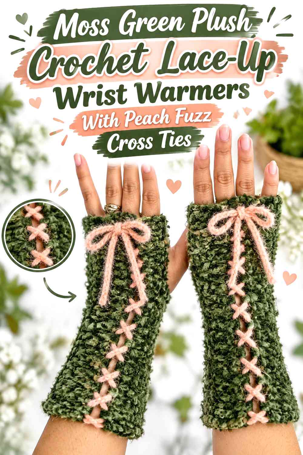 Moss Green Plush Crochet Lace-Up Wrist Warmers With Peach Fuzz Cross Ties
