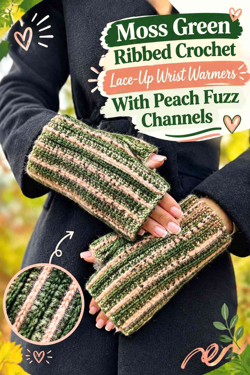 Moss Green Ribbed Crochet Lace-Up Wrist Warmers With Peach Fuzz Channels