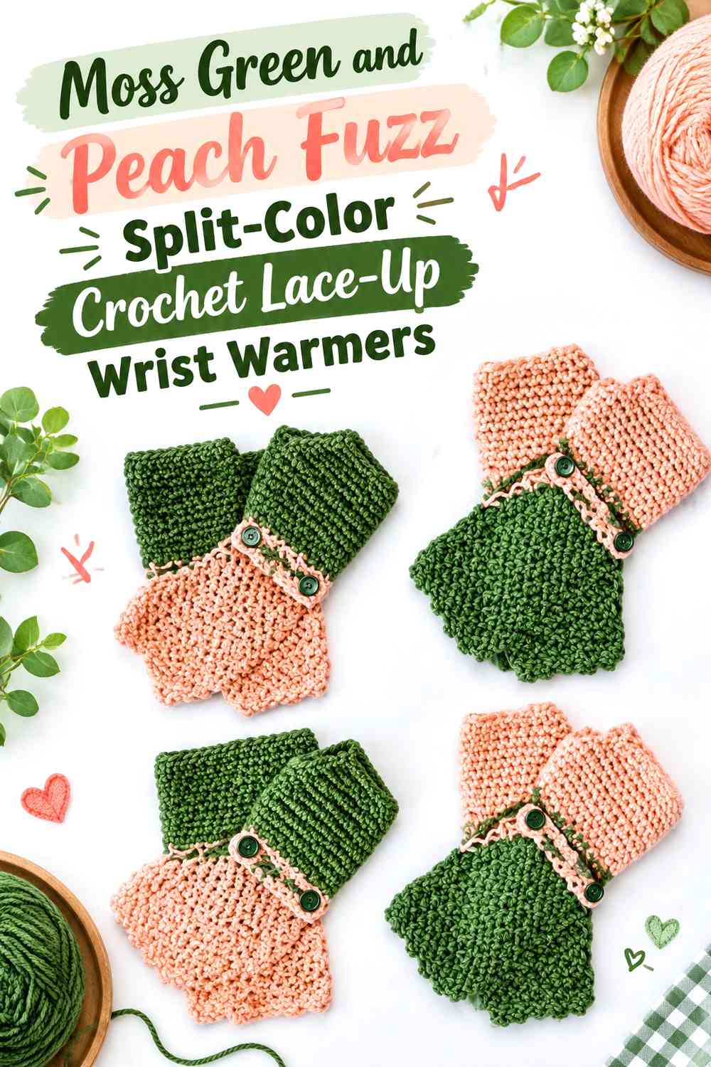 Moss Green and Peach Fuzz Split-Color Crochet Lace-Up Wrist Warmers