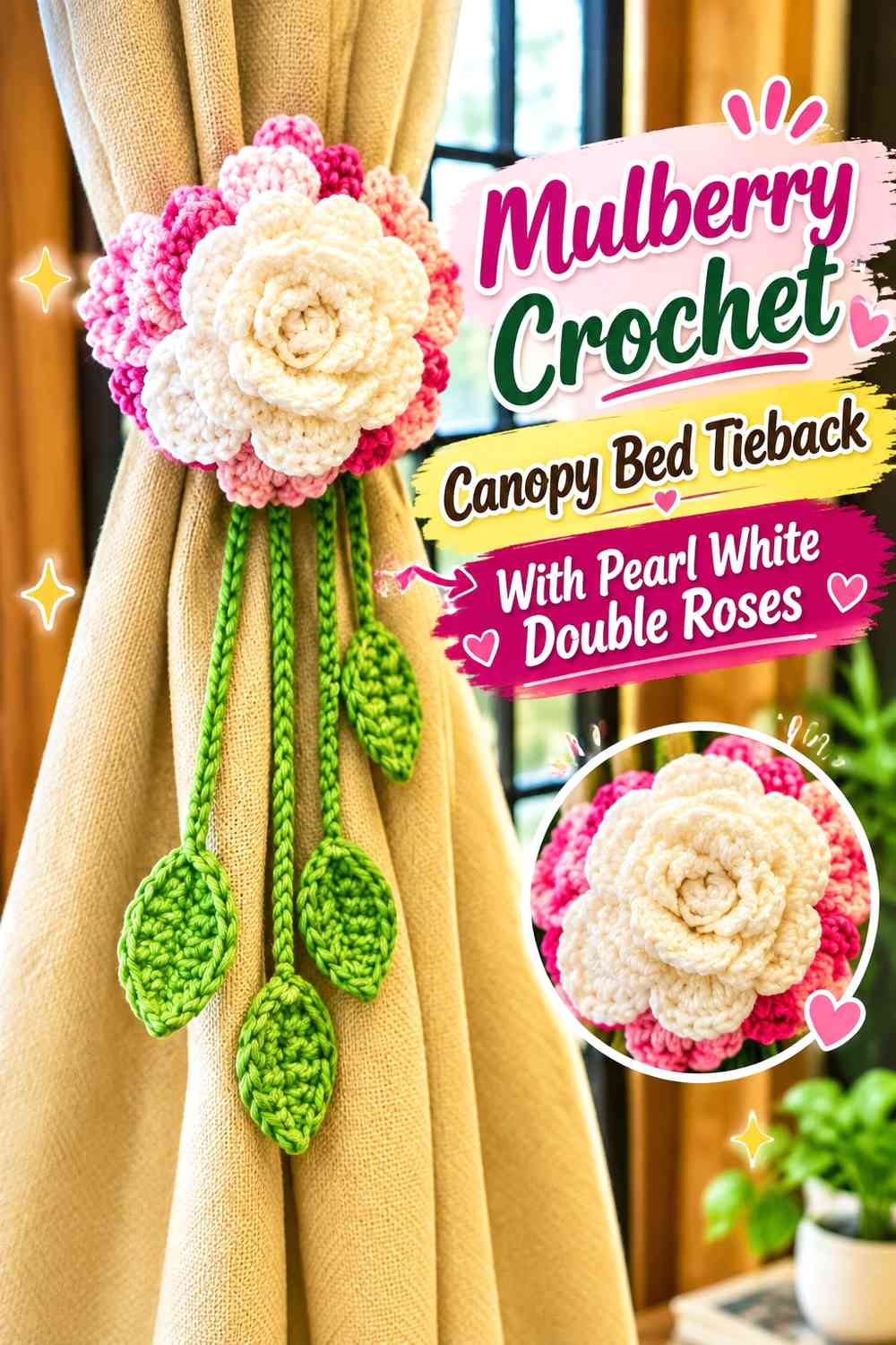 Mulberry Crochet Canopy Bed Tieback With Pearl White Double Roses