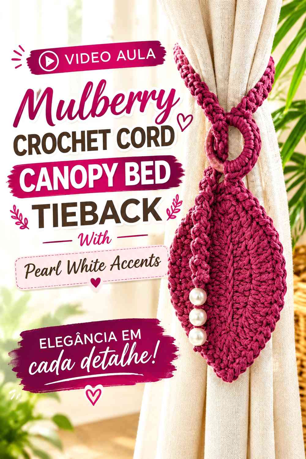Mulberry Crochet Cord Canopy Bed Tieback With Pearl White Accents