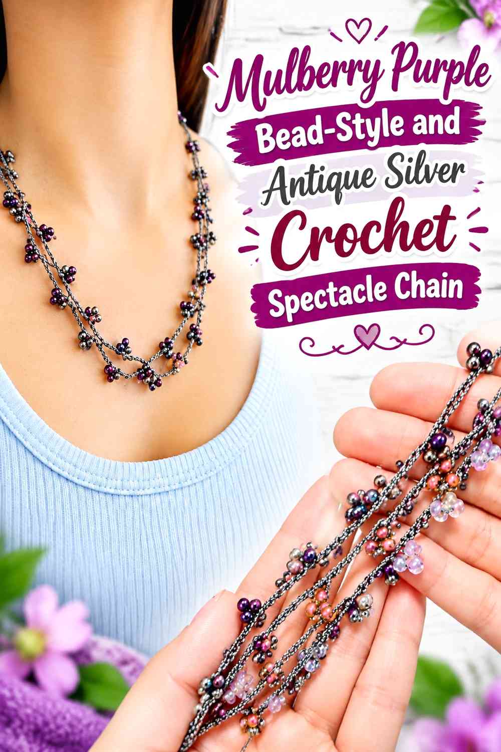 Mulberry Purple Bead-Style and Antique Silver Crochet Spectacle Chain