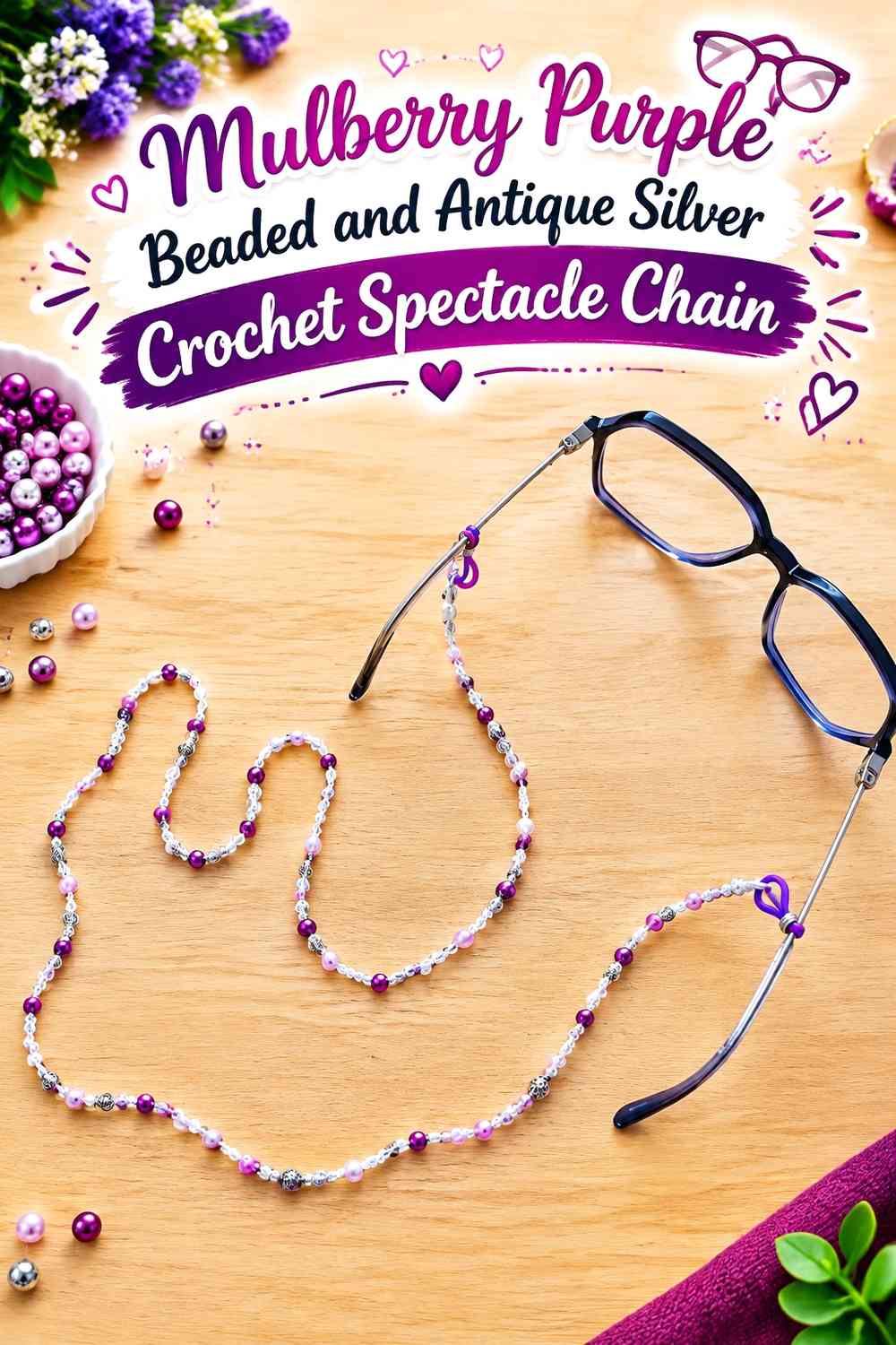 Mulberry Purple Beaded and Antique Silver Crochet Spectacle Chain