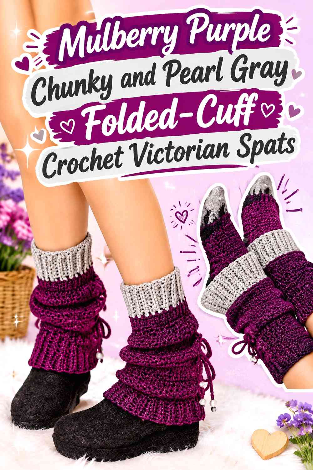 Mulberry Purple Chunky and Pearl Gray Folded-Cuff Crochet Victorian Spats