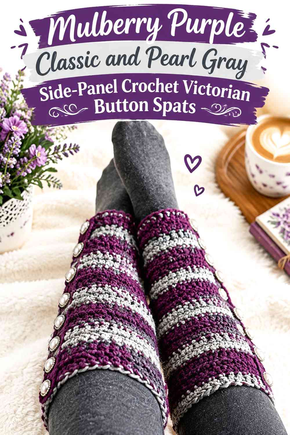 Mulberry Purple Classic and Pearl Gray Side-Panel Crochet Victorian Button Spats