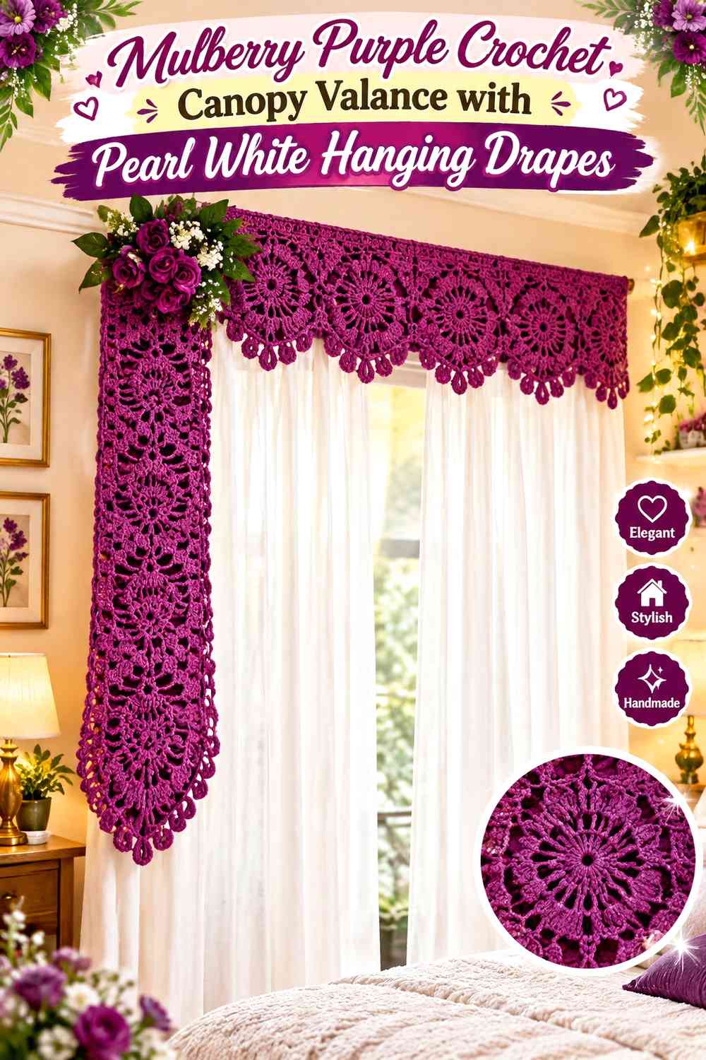 Mulberry Purple Crochet Canopy Valance with Pearl White Hanging Drapes