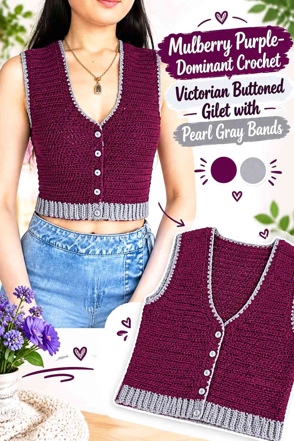 Mulberry Purple-Dominant Crochet Victorian Buttoned Gilet with Pearl Gray Bands
