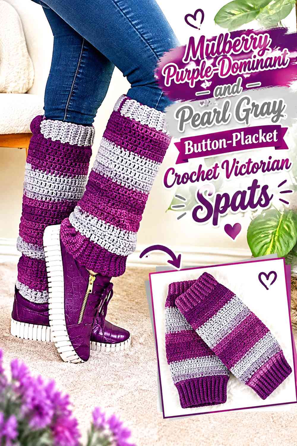 Mulberry Purple-Dominant and Pearl Gray Button-Placket Crochet Victorian Spats