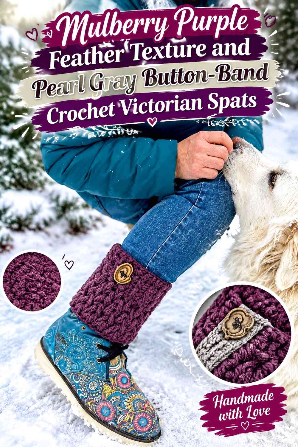 Mulberry Purple Feather Texture and Pearl Gray Button-Band Crochet Victorian Spats
