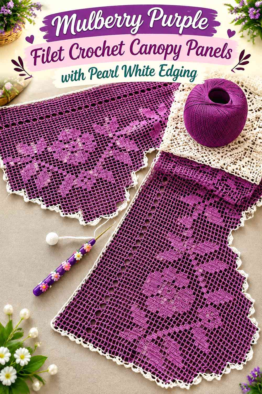 Mulberry Purple Filet Crochet Canopy Panels with Pearl White Edging