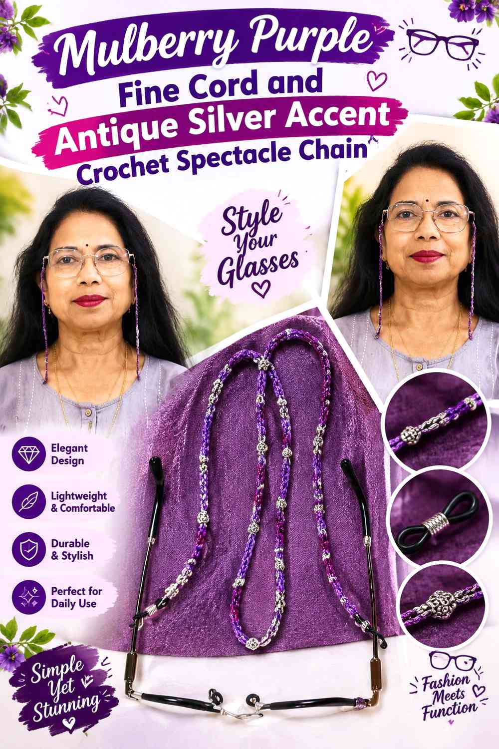 Mulberry Purple Fine Cord and Antique Silver Accent Crochet Spectacle Chain
