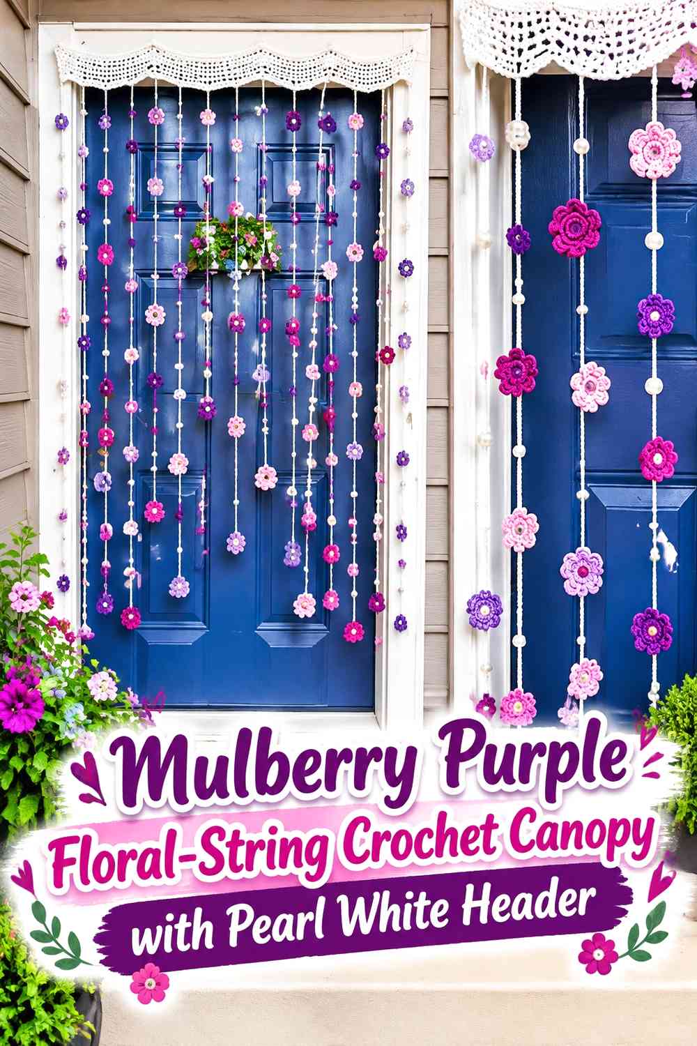 Mulberry Purple Floral-String Crochet Canopy with Pearl White Header